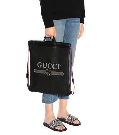 Shop Gucci Printed Leather Drawstring Backpack In Black