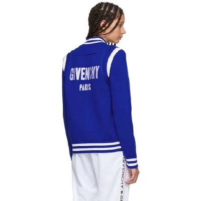 Givenchy Logo Embroidered Wool Knit Bomber Jacket In Blue White | ModeSens