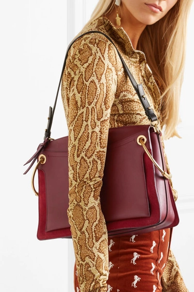Shop Chloé Roy Medium Leather And Suede Shoulder Bag In Burgundy