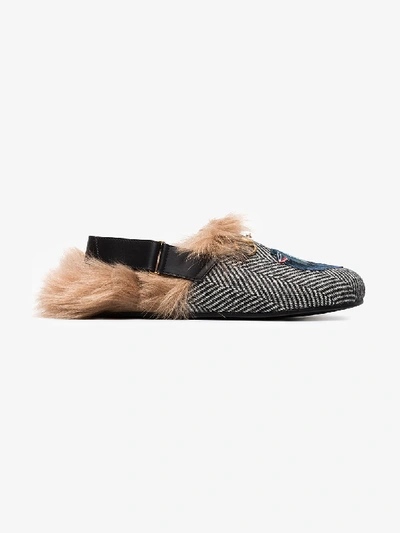 Shop Gucci Fur Herringbone Slippers With Wolf Head In Black