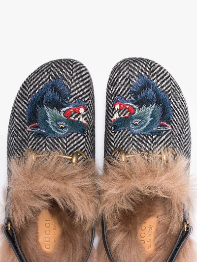 Shop Gucci Fur Herringbone Slippers With Wolf Head In Black