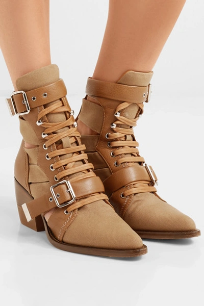 Shop Chloé Rylee Cutout Leather And Canvas Ankle Boots