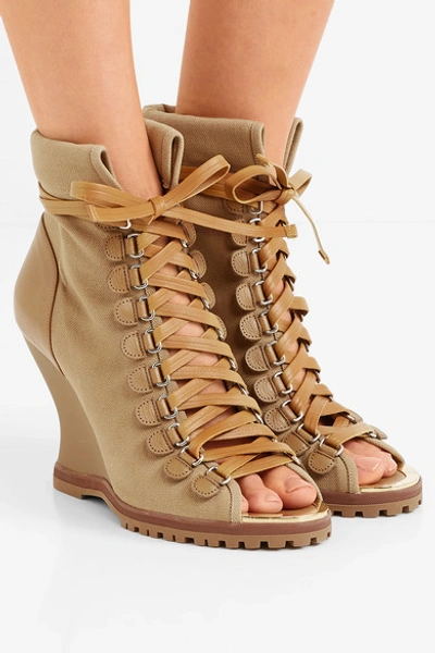 Shop Chloé River Canvas And Leather Wedge Ankle Boots In Brown