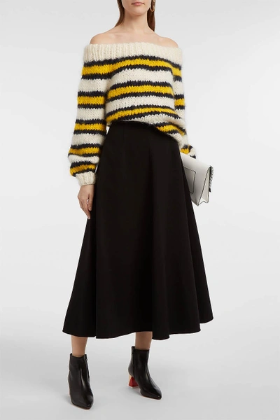 Shop Ganni Julliard Off-the-shoulder Striped Mohair And Wool-blend Jumper In Stripes
