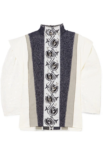 Shop Chloé Embellished Embroidered Linen, Tweed And Canvas Blouse In Ivory