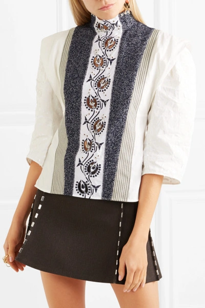 Shop Chloé Embellished Embroidered Linen, Tweed And Canvas Blouse In Ivory