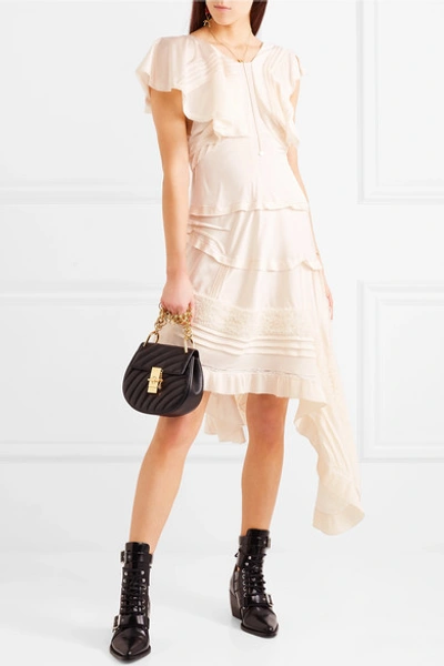 Shop Chloé Asymmetric Lace-trimmed Silk-blend Midi Dress In Cream