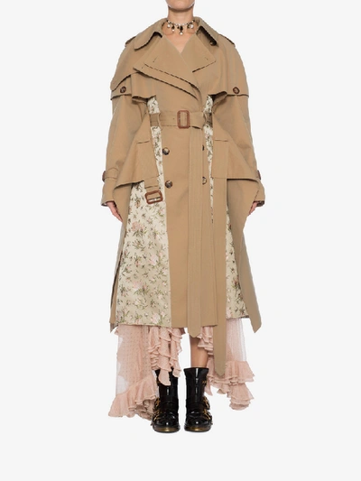 Shop Alexander Mcqueen Trench Coat With Floral Jacquard Patchwork In Beige