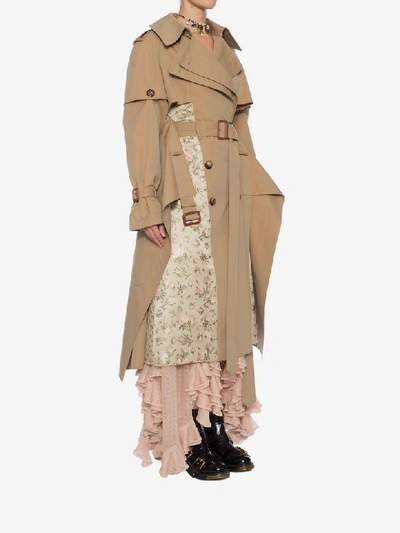 Shop Alexander Mcqueen Trench Coat With Floral Jacquard Patchwork In Beige
