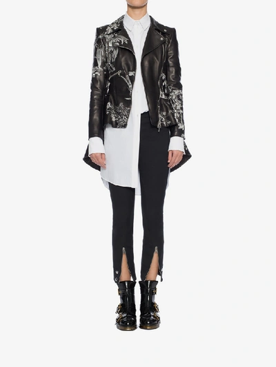 Shop Alexander Mcqueen Leather Biker Jacket In Black/ivory