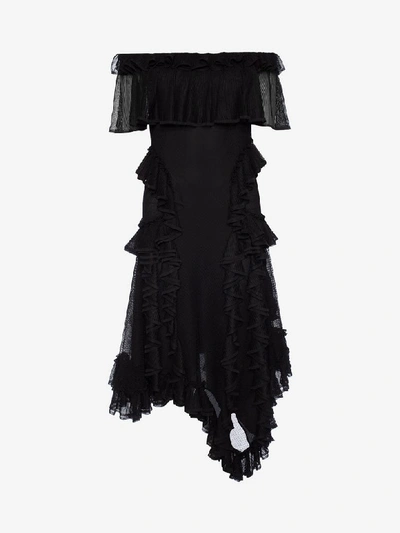 Shop Alexander Mcqueen Off The Shoulder Lace Knit Ruffle Mini Dress In Black