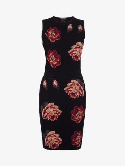 Shop Alexander Mcqueen Rose Tapestry Mini Knit Dress In Black/red/green