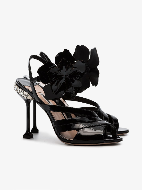 Miu Miu Black Flower 105 Patent Leather Sandals In F0236 | ModeSens