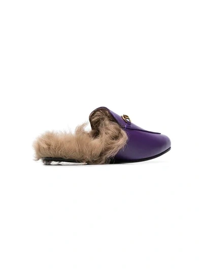 Shop Gucci Purple Princetown Fur Lined Leather Mules In Pink