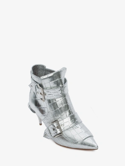 Shop Alexander Mcqueen Double Buckle Horn Heel Boot In Silver