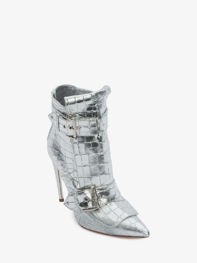 Shop Alexander Mcqueen Double Buckle Horn Heel Boot In Silver