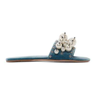 Shop Miu Miu Blue Velvet Pearl Slides In 013 Azuro