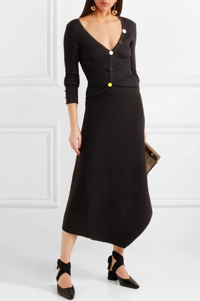 Shop Elizabeth And James Viona Asymmetric Ribbed Merino Wool-blend Midi Skirt In Black