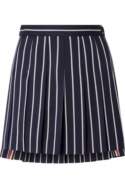Shop Thom Browne Pleated Striped Wool And Cotton-blend Twill Mini Skirt In Navy