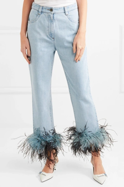 Shop Prada Feather-trimmed Boyfriend Jeans In Mid Denim