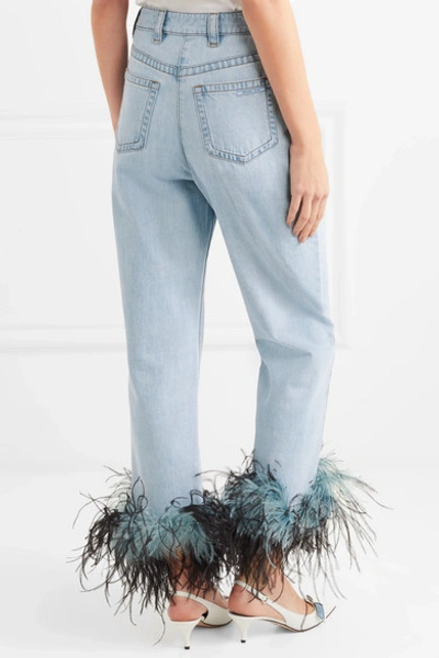 Shop Prada Feather-trimmed Boyfriend Jeans In Mid Denim