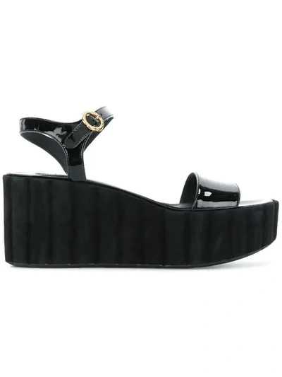 Shop Ferragamo Varnished Wedge Sandals In Black