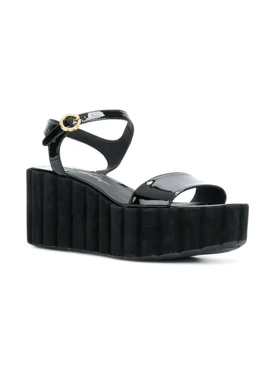 Shop Ferragamo Varnished Wedge Sandals In Black