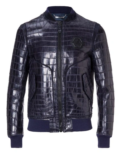Shop Philipp Plein Leather Bomber "tiger Face" In Middle Blue