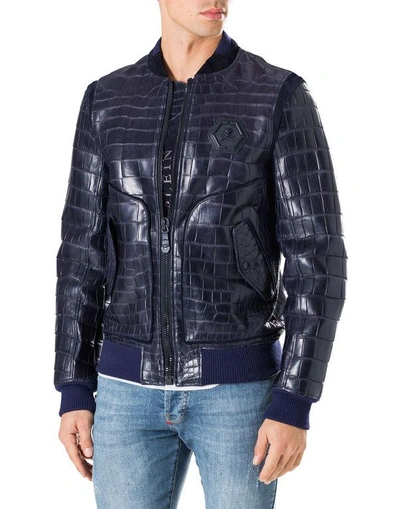 Shop Philipp Plein Leather Bomber "tiger Face" In Middle Blue