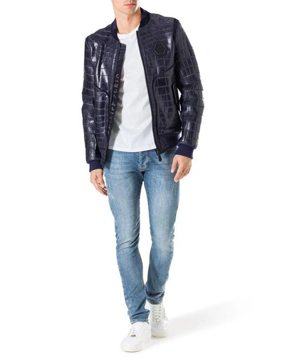 Shop Philipp Plein Leather Bomber "tiger Face" In Middle Blue