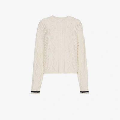 Shop Saint Laurent Contrast Cuff Cable Knit Sweater In White