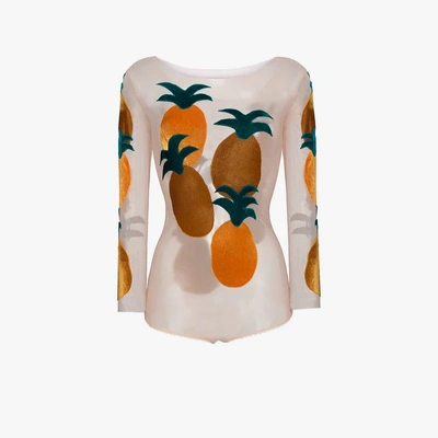 Shop Alexia Hentsch Silk Pineapple Appliqué Bodysuit In Nude&neutrals