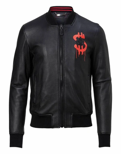 Shop Philipp Plein Leather Bomber "money Soup"