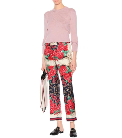 Shop Gucci Floral-printed Silk Twill Trousers In Multicoloured