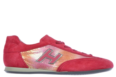 Shop Hogan Women's Shoes Suede Trainers Sneakers Olympia H Flock In Pink