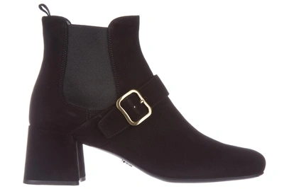 Shop Prada Women's Suede Heel Ankle Boots Booties In Black