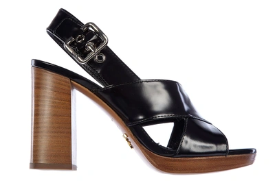 Shop Prada Women's Leather Heel Sandals In Black