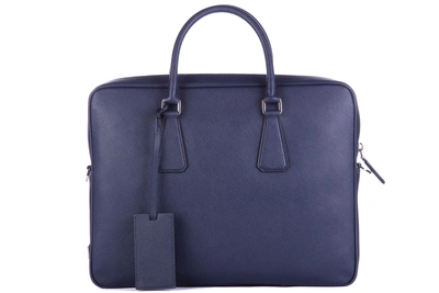 Shop Prada Briefcase Attaché Case Laptop Pc Bag Leather Saffiano Travel In Blue