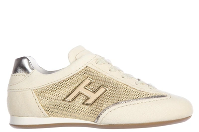 Shop Hogan Girls Shoes Child Suede Leather Sneakers Olympia H Flock In Gold