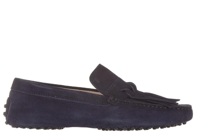 Shop Tod's Women's Suede Loafers Moccasins Gommini Frangia Origami In Blue