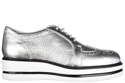 Shop Hogan Women's Classic Leather Lace Up Laced Formal Shoes Derby H323 In Silver