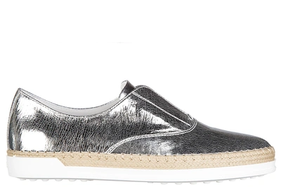 Shop Tod's Women's Leather Slip On Sneakers  Gomma Rafia Francesina In Silver