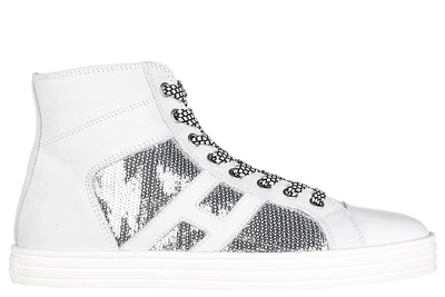 Shop Hogan Rebel Women's Shoes High Top Suede Trainers Sneakers R141 Laterale Pailettes Tessuto In White
