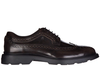 Shop Hogan Men's Classic Leather Lace Up Laced Formal Shoes H304 Route Derby Bucature In Brown