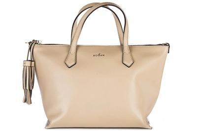 Shop Hogan Women's Leather Handbag Shopping Bag Purse In Beige