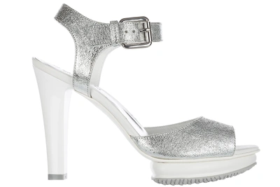 Shop Hogan Women's Leather Heel Sandals In Silver