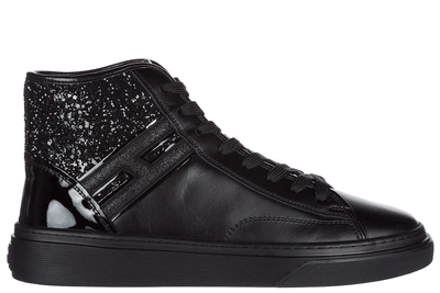 Shop Hogan Women's Shoes High Top Leather Trainers Sneakers H342 In Black