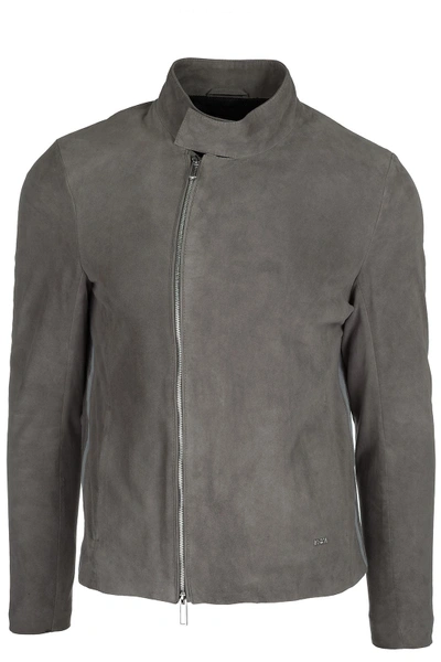 Shop Emporio Armani Men's Leather Outerwear Jacket Blouson In Grey