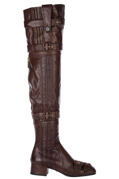 Shop Prada Women's Leather Heel Boots In Brown