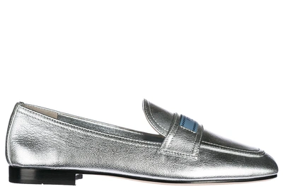 Shop Prada Women's Leather Loafers Moccasins In Silver